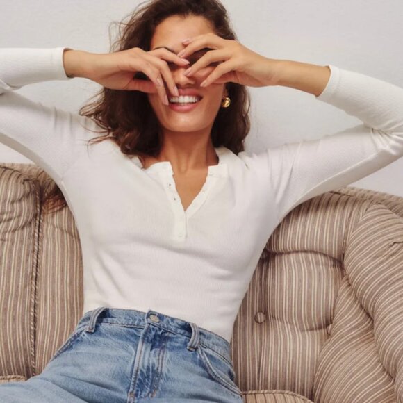 Reformation Jayden Long Sleeve Henley Tee, Ivory, Size M - Picture 5 of 5